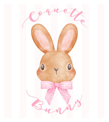 Coquette Bunny, Brown rabbit with pink ribbon bow watercolor Aesthetic painting