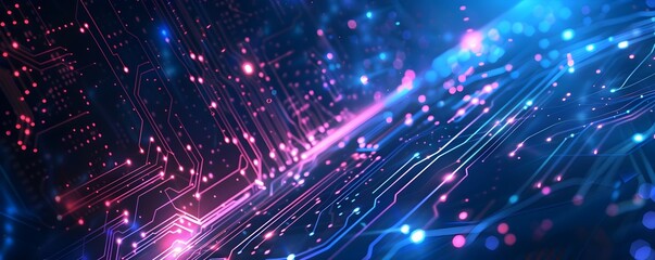 Digital futuristic technology abstract banner background Electronic circuit line illuminated by vibrant neon lights, forming a dynamic and interconnected network of systems