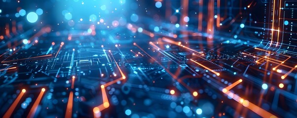 Obraz premium Digital futuristic technology abstract banner background Electronic circuit line illuminated by vibrant neon lights, forming a dynamic and interconnected network of systems