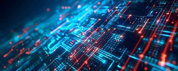Fototapeta premium Digital futuristic technology abstract banner background Electronic circuit line illuminated by vibrant neon lights, forming a dynamic and interconnected network of systems