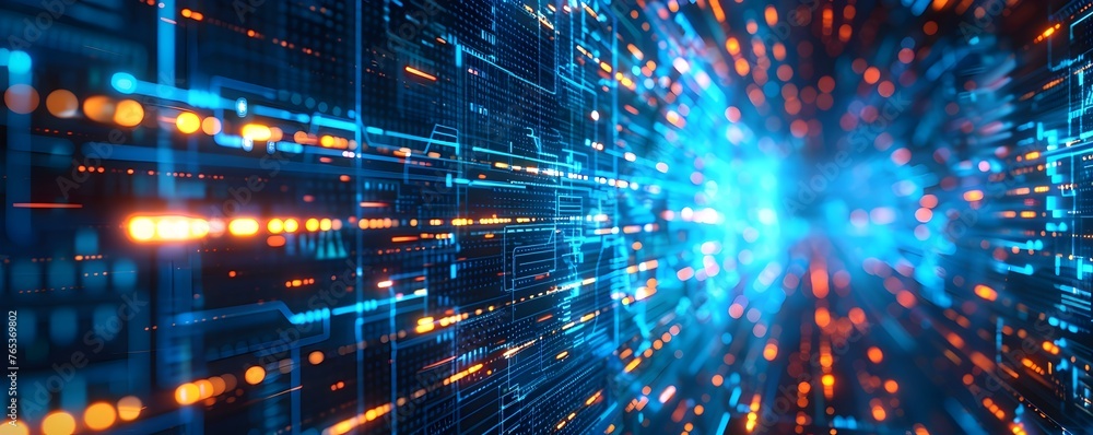 Wall mural digital futuristic technology abstract banner background illuminated by vibrant neon lights, forming