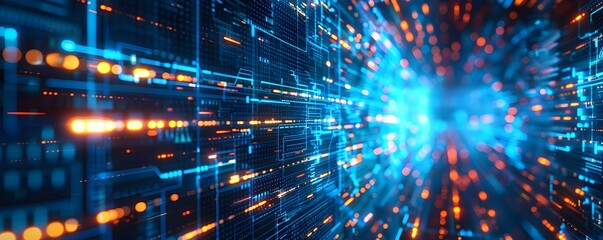 Obraz premium Digital futuristic technology abstract banner background illuminated by vibrant neon lights, forming a dynamic and interconnected network of systems