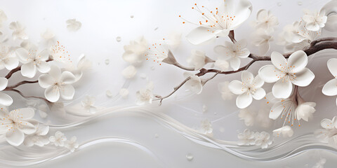 A branch of a cherry blossom with white flowers. Japan elegant spring with white background
 - obrazy, fototapety, plakaty