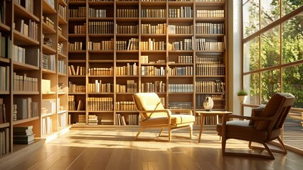 A serene library with floortoceiling bookshelves warm wooden accents and comfortable reading chairs.