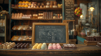 There was an empty blackboard and colorful chocolates placed in boxes in front of the cafe.