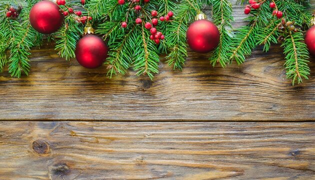 wooden background with christmas decorations on border free space for text christmas postcard