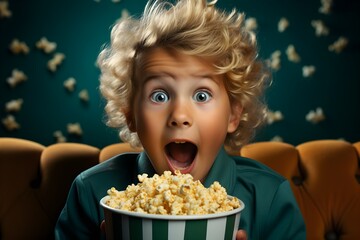 Blond boy watching tv or a movie in the cinema holding a bowl of popcorn with surprised expression on solid color background