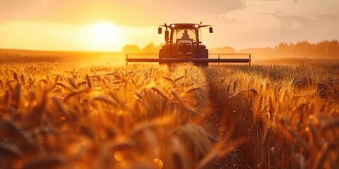 Fototapeta premium Golden wheat field under beautiful sunset sky