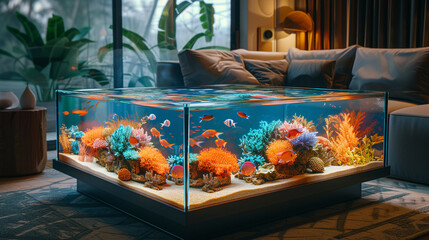 Hyper-realistic 3D aquarium coffee table, where vibrant marine life appears to swim beneath the surface of your living room.