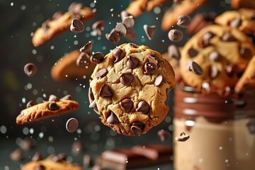 Delicious Chocolate Chip Cookies Floating with Flying Chocolate Pieces and Milk Bottle on Dark...