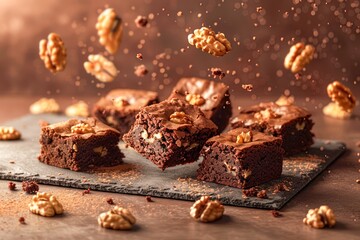 Delicious Freshly Baked Homemade Walnut Brownies on Dark Background with Flying Ingredients