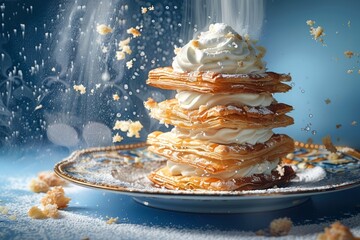 Delicious Layered Crispy Honey Pancakes with Whipped Cream on a Plate with Festive Confetti - obrazy, fototapety, plakaty