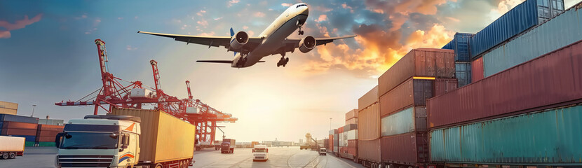 airplane flying over a container port with trucks and cargo containers. - 765371844