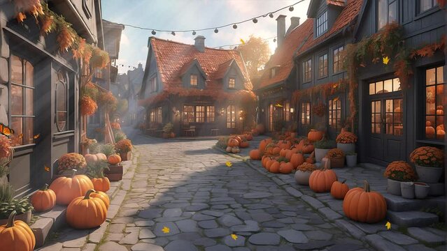 Vibrant pumpkin party unfolding in the picturesque old town on a sunny autumn afternoon
