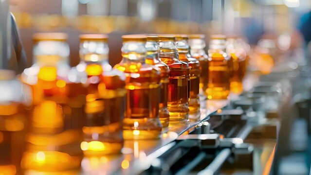 A closeup of a production line reveals workers carefully inspecting and labeling bottles of solvent ensuring each one meets strict quality standards. The attention to detail
