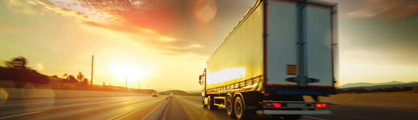 a truck is driving along a hroad at sunset.