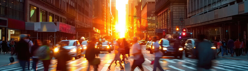 people walking across a busy city street at sunset.