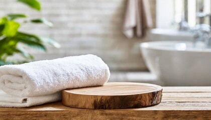 podium for product display and towel on blurred bathroom background