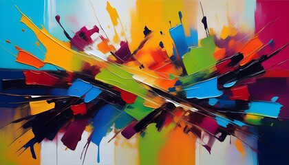 An abstract oil painting with bold brushstrokes in shades of colorful canvas