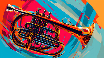 World Jazz Day, French Horn Flat Pop Art Painting Illustration On Wall, Generative Ai