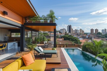 Obraz na płótnie Canvas Prestigious rooftop lounge overlooking the vibrant cityscape.