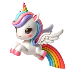 Cute Flying Unicorn with Rainbow Wings Clipart Isolated Transparent Background