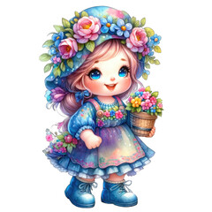Animated Girl with Floral Hat Holding Flower Pot Watercolor Isolated Clipart Transparent Background