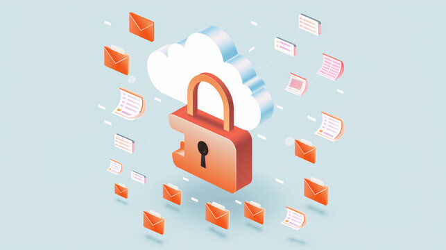 Secure cloud service for email with floating envelopes and digital padlock.