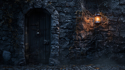 A stone wall with a cracked texture, a door, a lantern, and a spider web. The wall is dark and the floor is cobblestone. The stone wall has a spooky and mysterious aura.