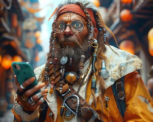 Closeup, pirates hand holding a phone, wearing glasses, vibrant backpack, hyperrealistic , minimalist