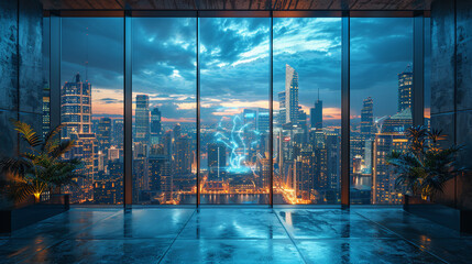 A futuristic cityscape with a blue wall, a skyscraper, a flying car, and a hologram. The wall is metallic and the floor is concrete. The cityscape has a sci-fi and futuristic vibe.