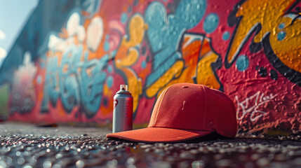 A graffiti wall with a colorful mural, a spray can, a skateboard, and a cap. The wall is rough and...