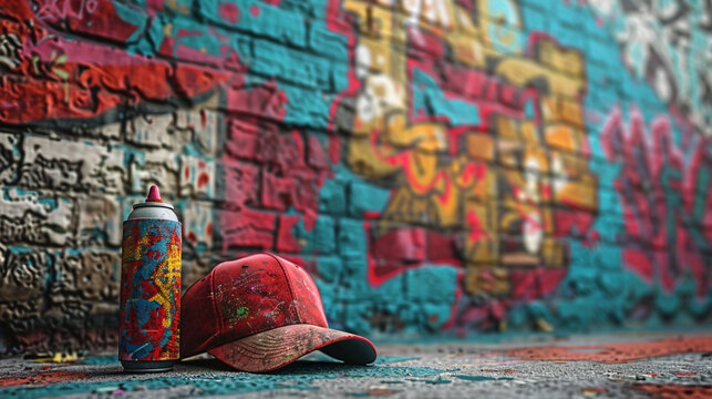 A graffiti wall with a colorful mural, a spray can, a skateboard, and a cap. The wall is rough and the floor is asphalt. The graffiti wall has a street and urban style.