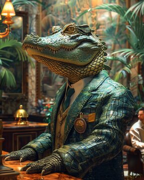 Crocodile receptionist in glasses, hyperrealistic hotel lobby, vibrant , anime aesthetic