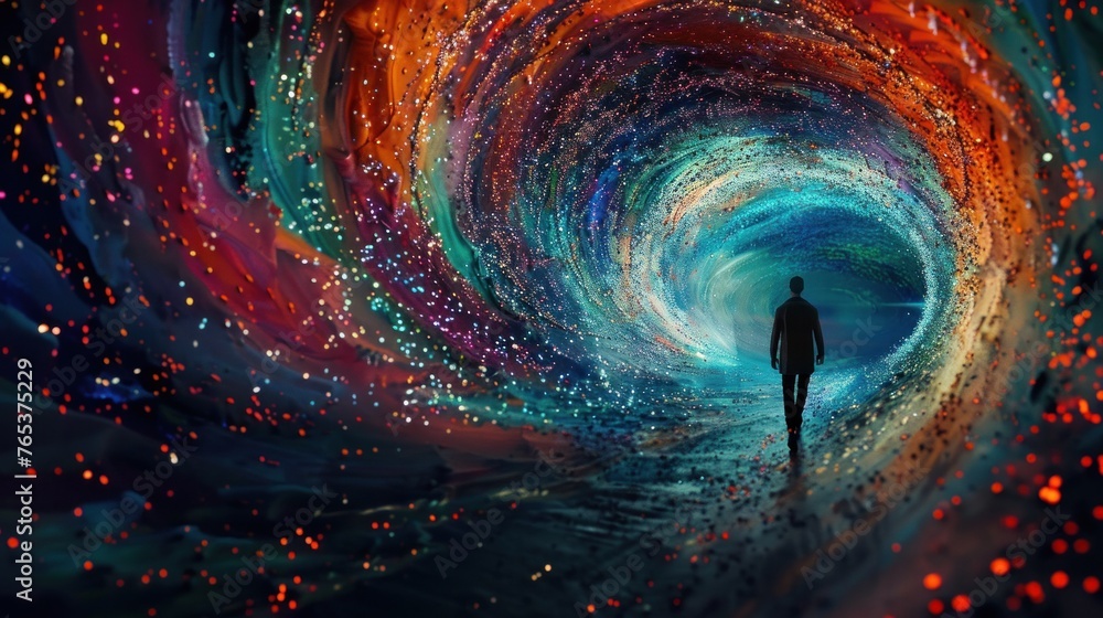 Poster swirling vortex of colorful data points converging into a human silhouette, representing the fusion 