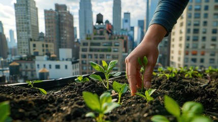 Close-up of hand planting seedling in rooftop garden, hope for greener future, nature-centric. - obrazy, fototapety, plakaty