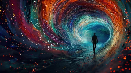 Foto op Canvas Swirling vortex of colorful data points converging into a human silhouette, representing the fusion of human intuition and AI analysis. © Postproduction