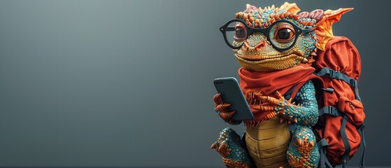 Playful dragon in glasses swiping on a phone, vibrant backpack, hyperrealistic, wide angle , minimalist