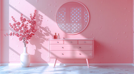 A pink wall with a polka dot pattern, a mirror, a dresser, and a perfume bottle. The wall is cute and the floor is white. The pink wall has a girly and sweet touch.