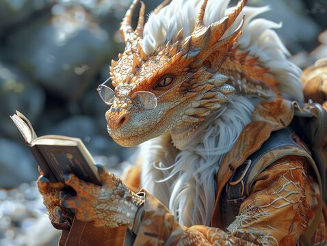 Hyperrealistic dragon browsing on a phone, glasses and backpack, vibrant, birdseye view , high detailed