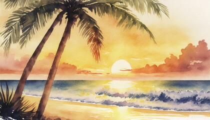 夏、海に沈む美しい夕日のイラスト