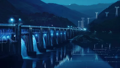 Foto op Plexiglas Renewable energy hydroelectric dam engineering in a scenic river landscape in blue digital futuristic style,A blue and white city with a bridge,A futuristic cityscape with a bridge and a waterway © BrightSpace