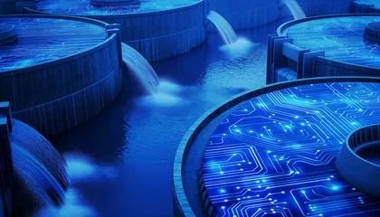  Renewable energy hydroelectric dam engineering in a scenic river landscape in blue digital futuristic style,A blue and white city with a bridge,A futuristic cityscape with a bridge and a waterway © BrightSpace