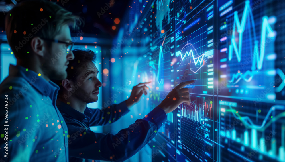 Poster two business men are pointing at a computer screen with graphs and numbers. they are looking at the 