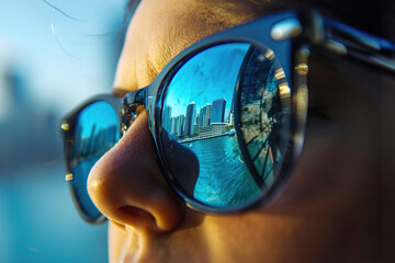 Close-up face. Reflection in sunglasses, showcasing the environment from an unexpected point of view. Summer time. - obrazy, fototapety, plakaty