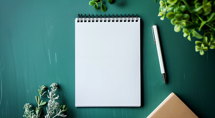 A blank white notebook for taking notes is placed on a green tabletop. view from above - obrazy, fototapety, plakaty
