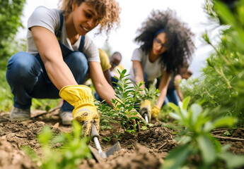 Diverse group beautifying a city park with tools, planting green plants, promoting teamwork and civic pride.