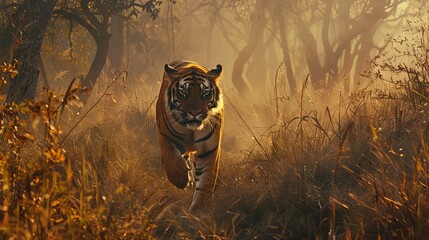 The photograph depicts an old-fashioned picture of a majestic male Bengal tiger in Bandhavgarh - obrazy, fototapety, plakaty