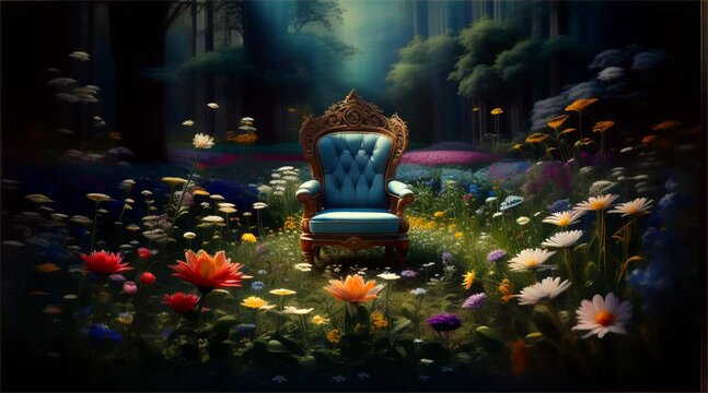 A solitary royal chair, amidst a once-vibrant flower garden now overcome with shadows