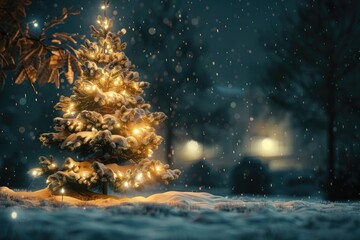 A heavy snow falls quietly on this Christmas Tree, accented by a soft glow and selective blur, illustrating the magic of this Christmas Eve night time scene. 